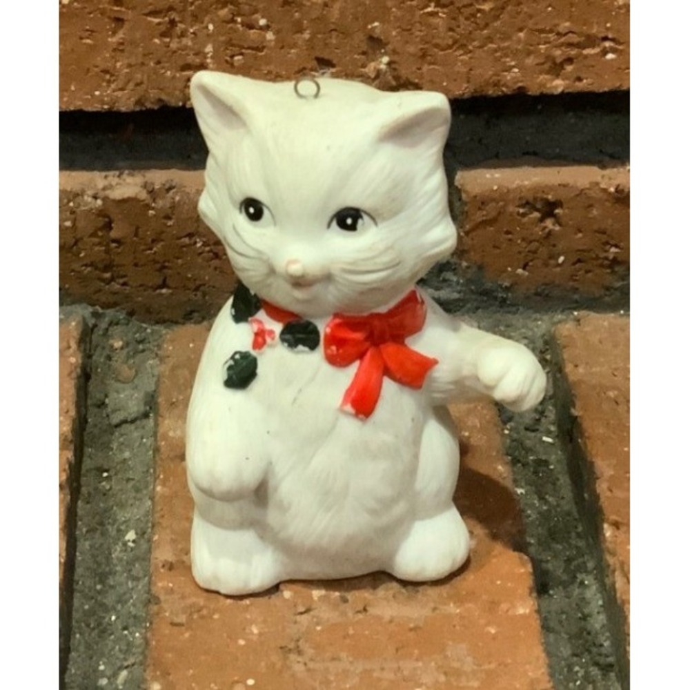 Vintage Glass White Cat Kitten Red Bow Holly Christmas Ornament 3"